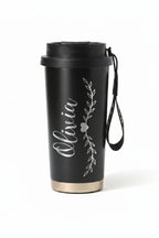 Personalized Vine & Heart Name Coffee Tumbler 17oz | Laser Engraved | Wrist Strap | Custom Gift for Her