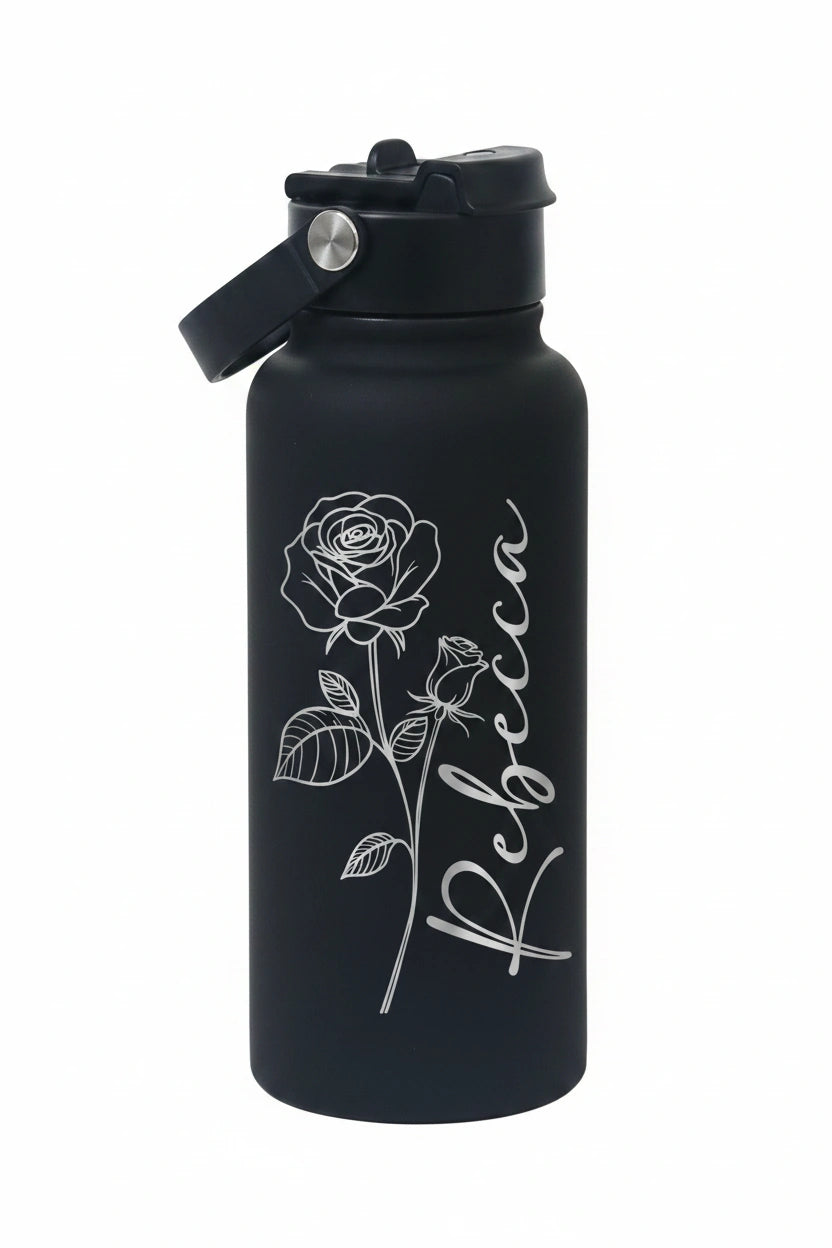Personalized Rose Name Large Sport Water Bottle 34oz | Vertical Laser Engraved | Custom Gift for Her