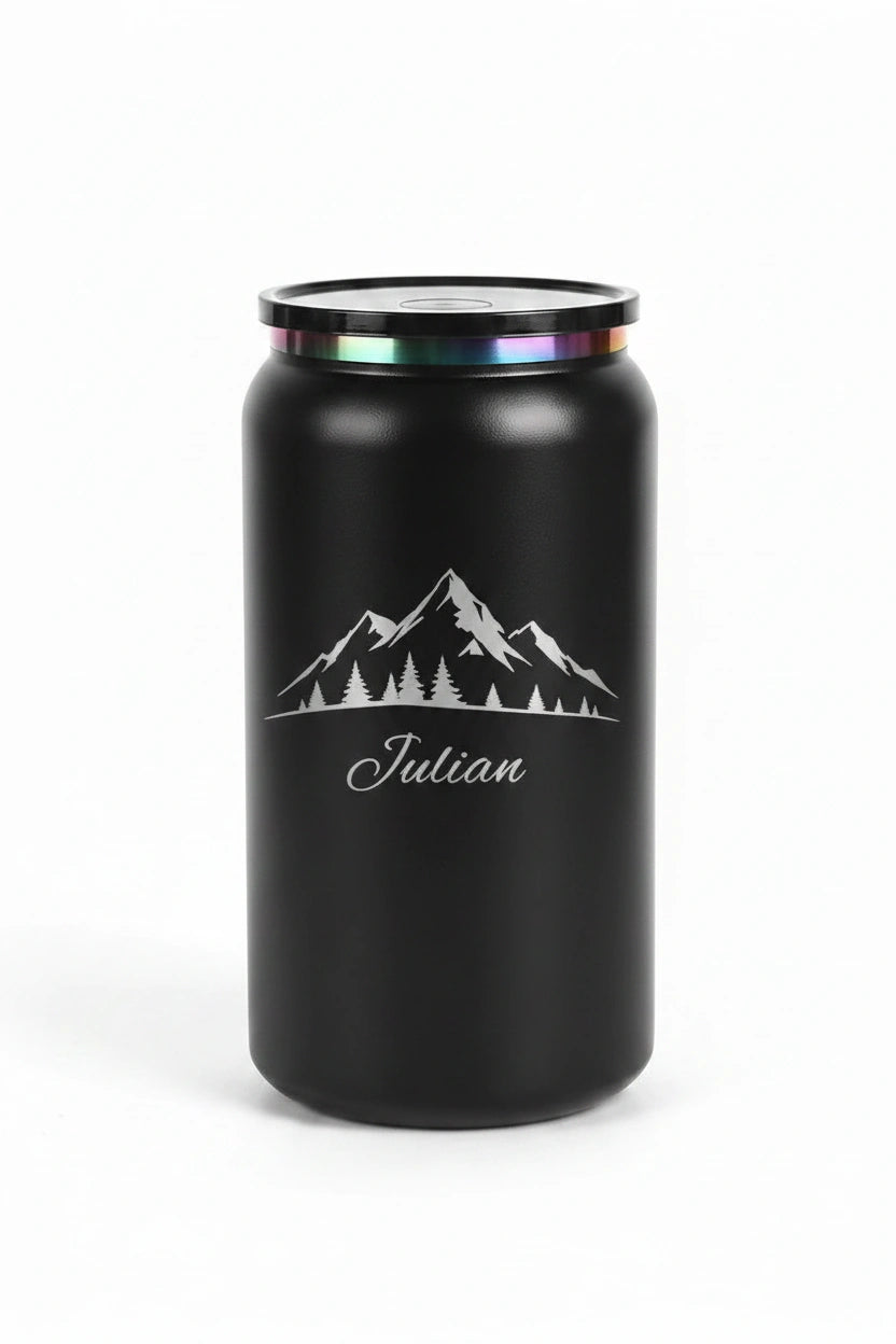 Personalized Mountain Scene Can Tumbler 16oz | Laser Engraved Iridescent Lid | Custom Name Gift