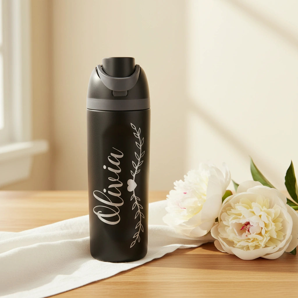 Personalized Vine & Heart Name Sport Water Bottle 32oz | Laser Engraved Custom Gift for Her