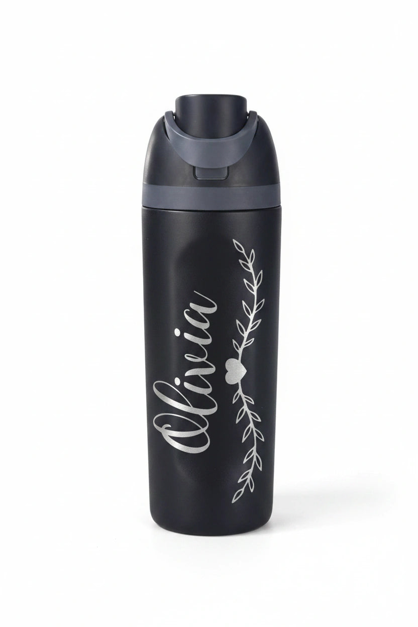 Personalized Vine & Heart Name Sport Water Bottle 32oz | Laser Engraved Custom Gift for Her