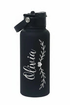 Personalized Vine and Heart Name Wide-Mouth Water Bottle - Silver Laser Engraved