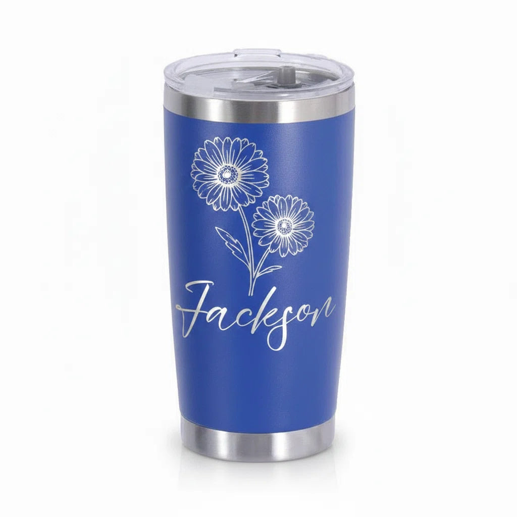 Custom Name Daisy Engraved 20oz Insulated Stainless Steel Tumbler with Sliding Lid