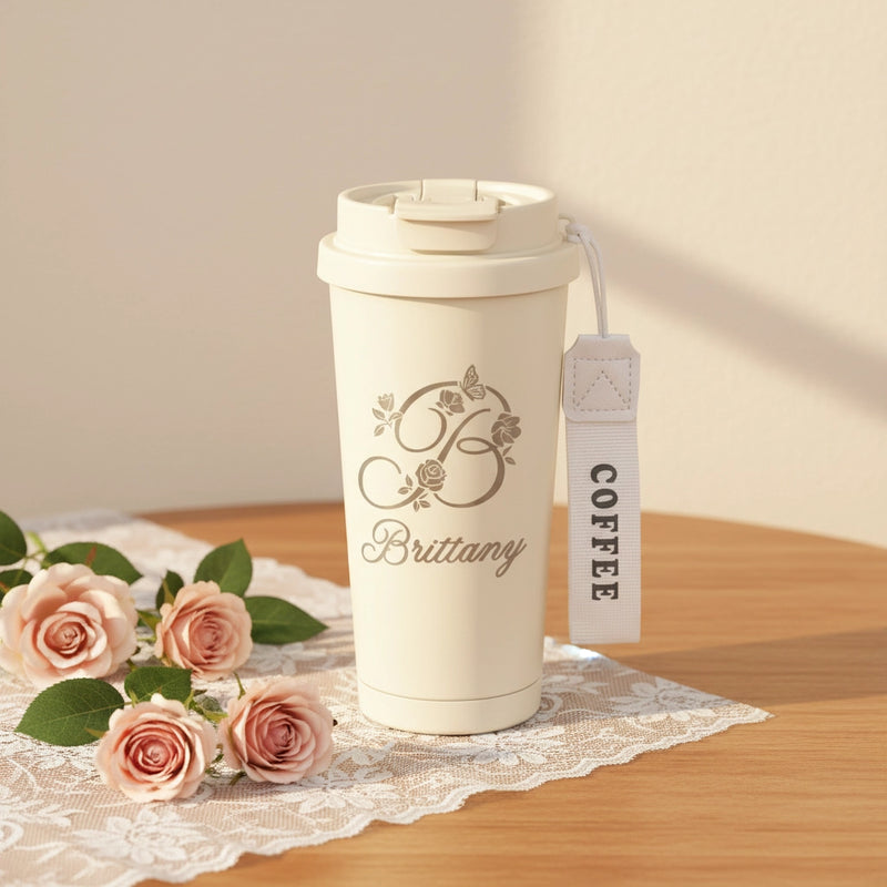 Personalized Laser Engraved Tumbler with Wrist Strap — Custom Monogram & Name | Rose Butterfly Design