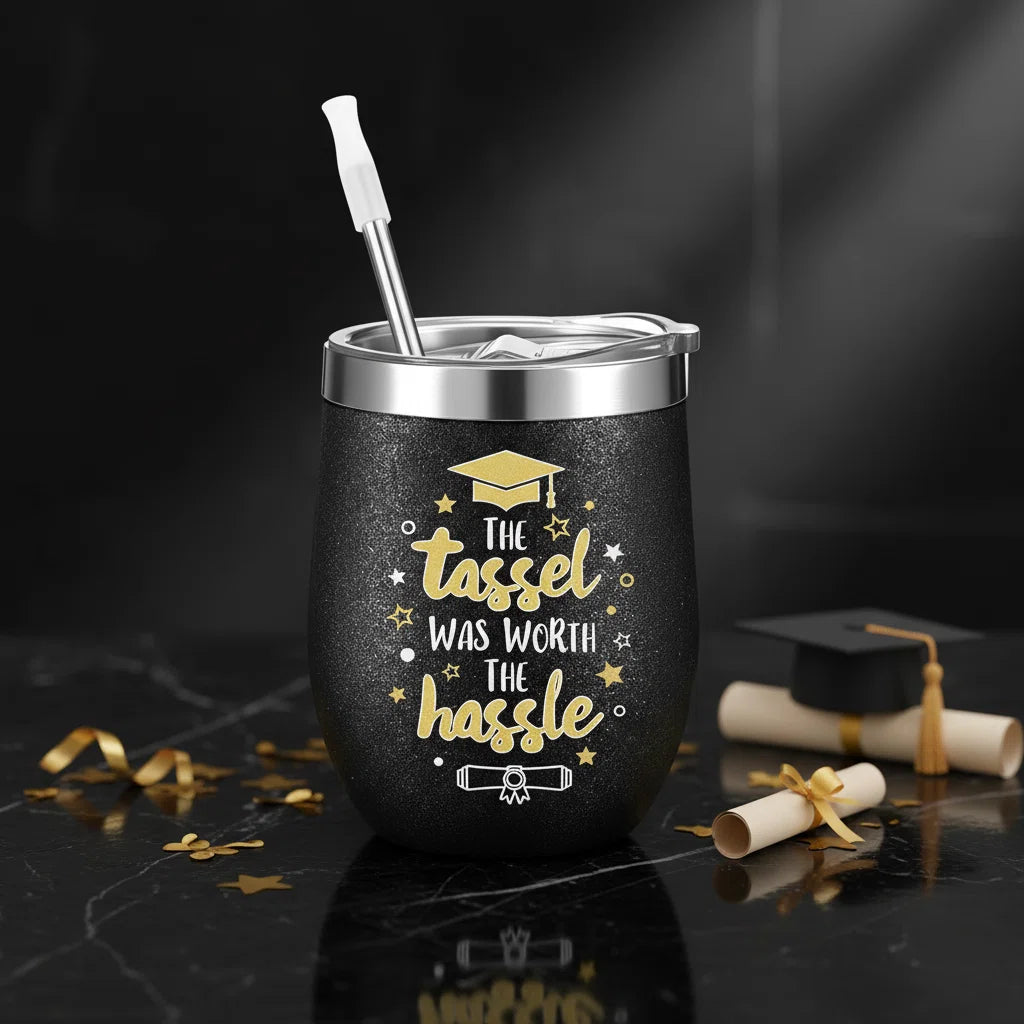 Sliner 4 Pack 2026 Graduation Cups with Lids and Straws, 12 oz Class Stemless Wine Tumblers, Black Gold Reusable Cup Gift Set for Graduation Party Favors, Students, Friends, Family