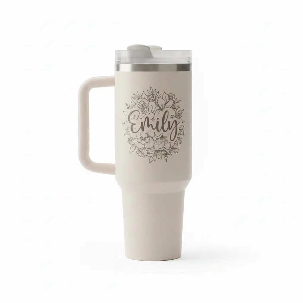 Personalized 40oz Insulated Tumbler | Laser Engraved | Handle & Straw Included