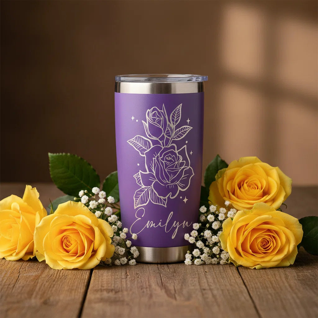 Personalized Rose Tumbler with Name | 20oz Laser Engraved Floral Tumbler
