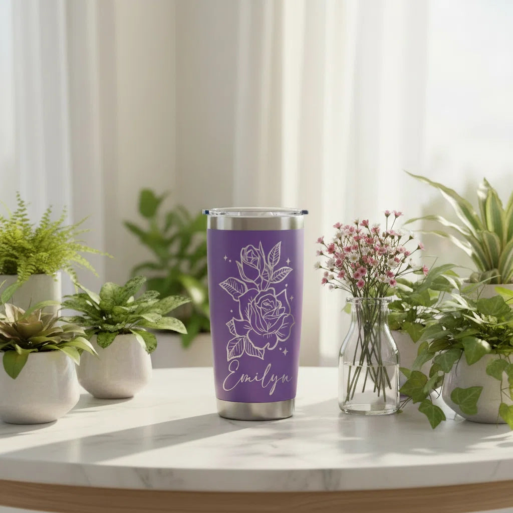 Personalized Rose Tumbler with Name | 20oz Laser Engraved Floral Tumbler