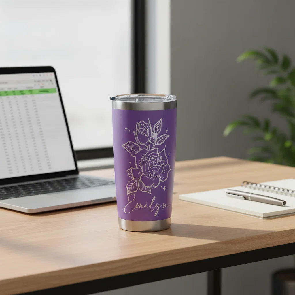 Personalized Rose Tumbler with Name | 20oz Laser Engraved Floral Tumbler