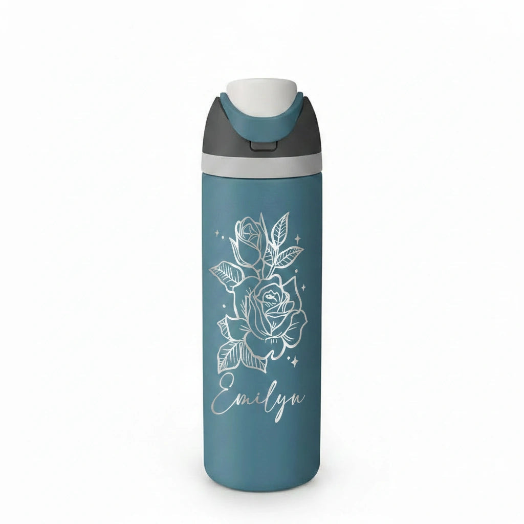 Personalized 32oz Rose Name Sport Water Bottle | Laser Engraved Custom Gift for Her