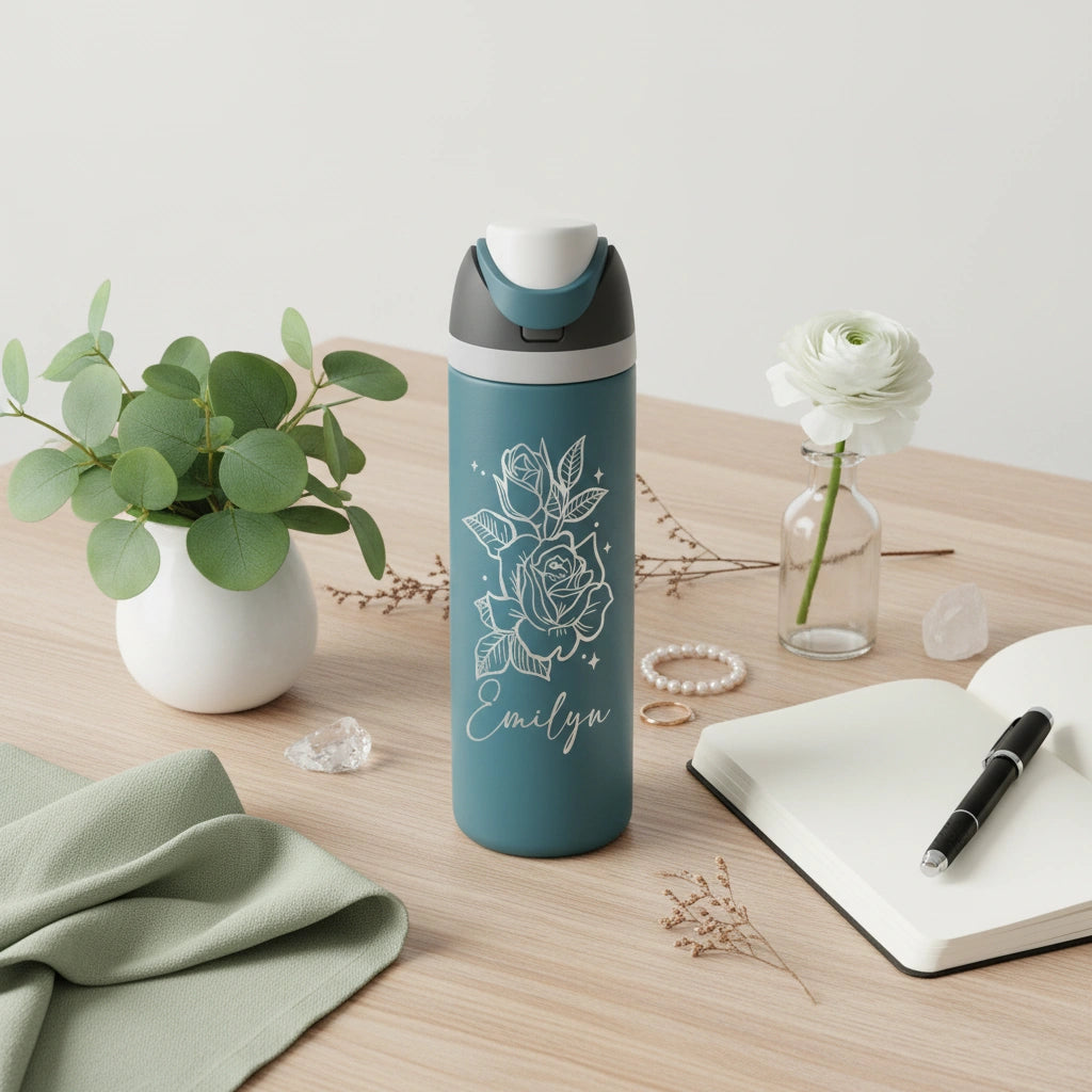 Personalized 32oz Rose Name Sport Water Bottle | Laser Engraved Custom Gift for Her