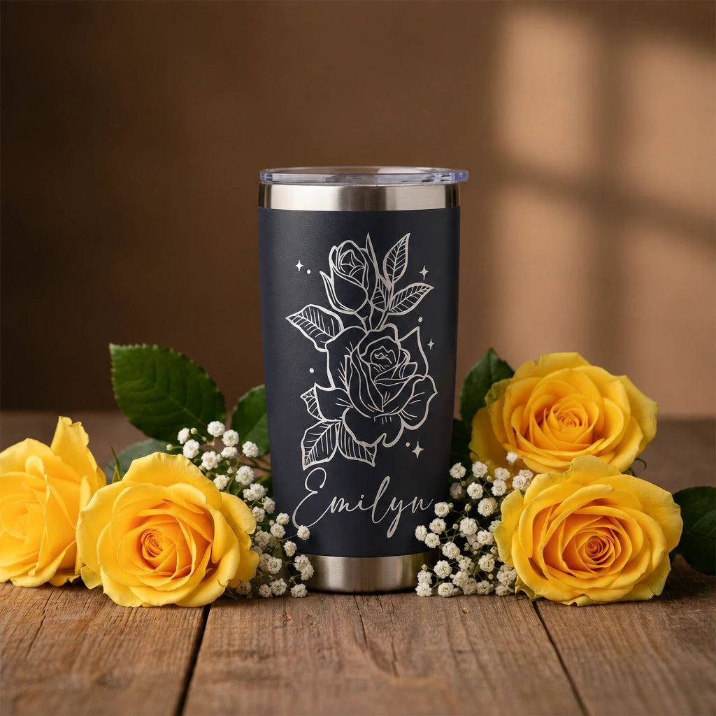 Personalized Rose Tumbler with Name | 20oz Laser Engraved Floral Tumbler