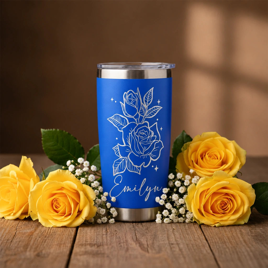Personalized Rose Tumbler with Name | 20oz Laser Engraved Floral Tumbler
