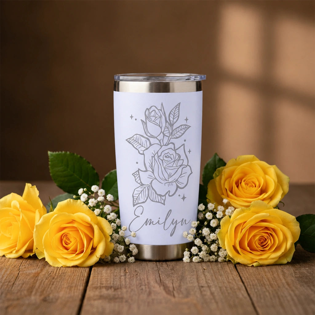 Personalized Rose Tumbler with Name | 20oz Laser Engraved Floral Tumbler