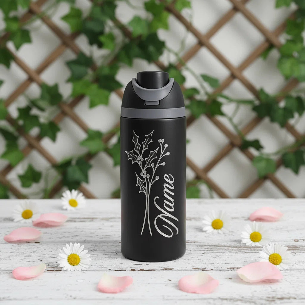 Custom Laser Engraved 24oz Insulated Sports Water Bottle — Personalized Name & Botanical Design