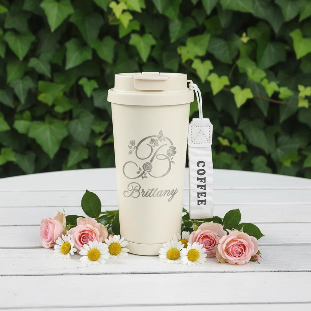 Personalized Laser Engraved Tumbler with Wrist Strap — Custom Monogram & Name | Rose Butterfly Design