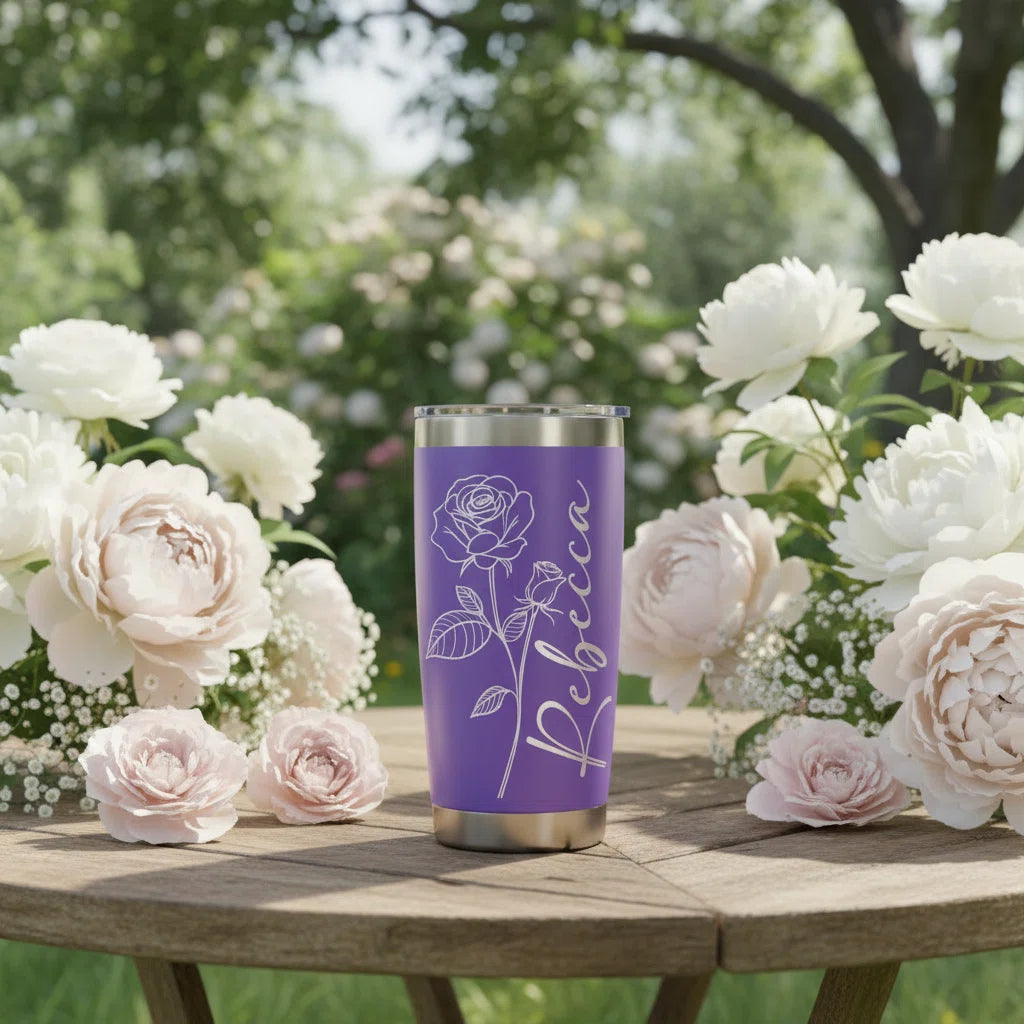 Personalized Rose Tumbler with Name | 20oz Laser Engraved Tumbler for Women — Custom Floral Design
