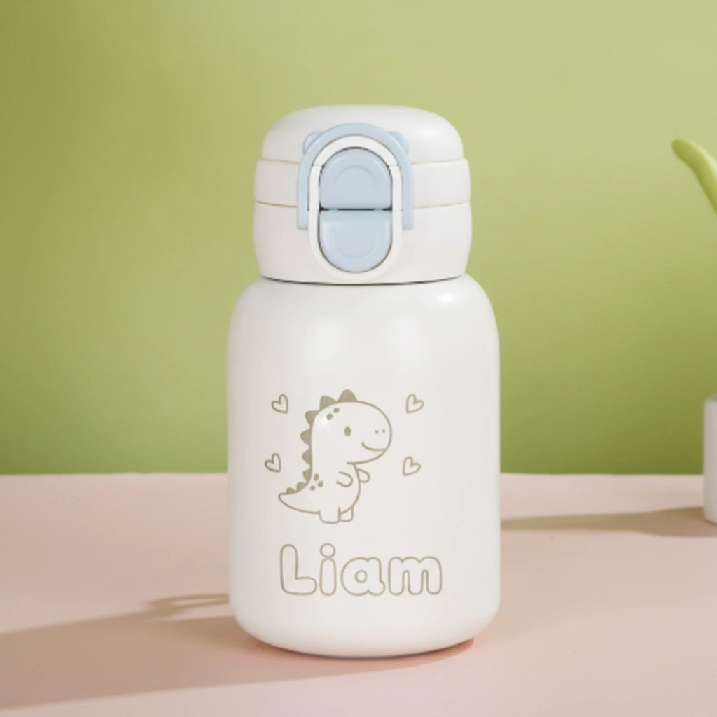 Personalized 17oz Kids Insulated Thermos | Custom Laser Engraved Name & Cute Dino Design