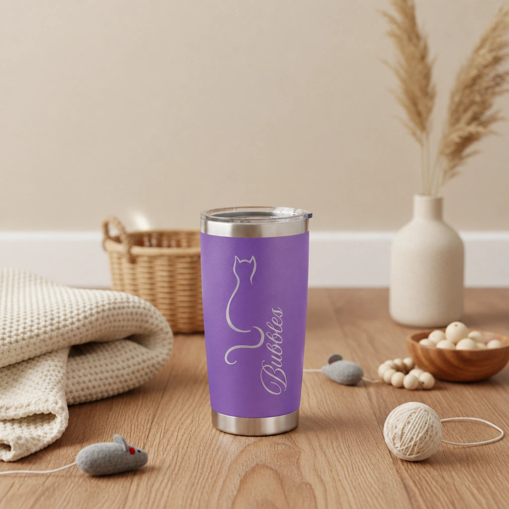 Personalized 20oz Cat Tumbler | Custom Name Laser Engraved Gift for Cat Lovers
