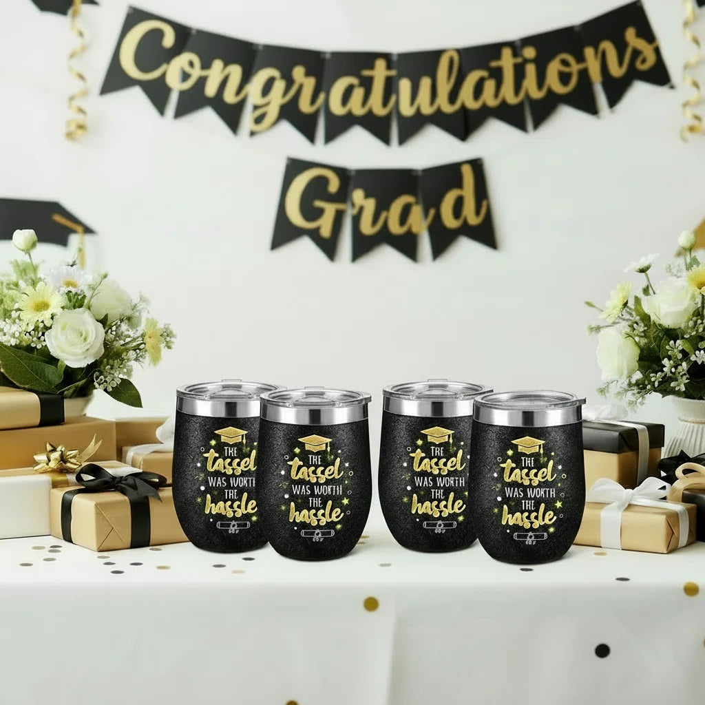 Sliner 4 Pack 2026 Graduation Cups with Lids and Straws, 12 oz Class Stemless Wine Tumblers, Black Gold Reusable Cup Gift Set for Graduation Party Favors, Students, Friends, Family