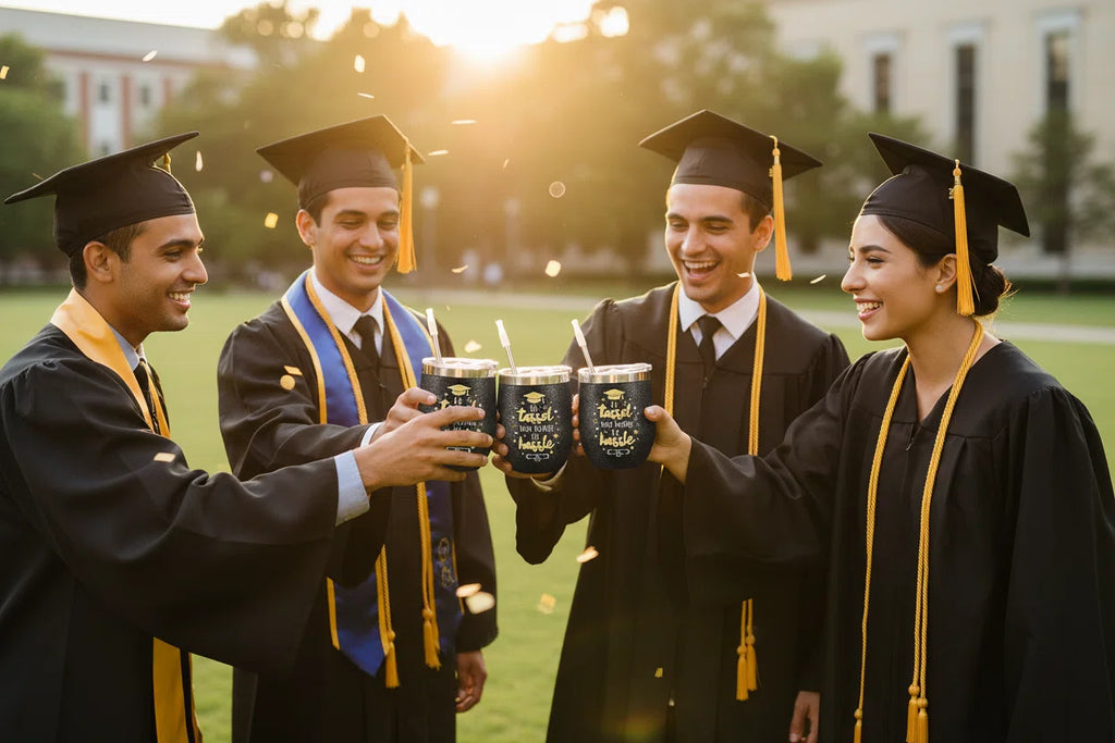 Sliner 4 Pack 2026 Graduation Cups with Lids and Straws, 12 oz Class Stemless Wine Tumblers, Black Gold Reusable Cup Gift Set for Graduation Party Favors, Students, Friends, Family