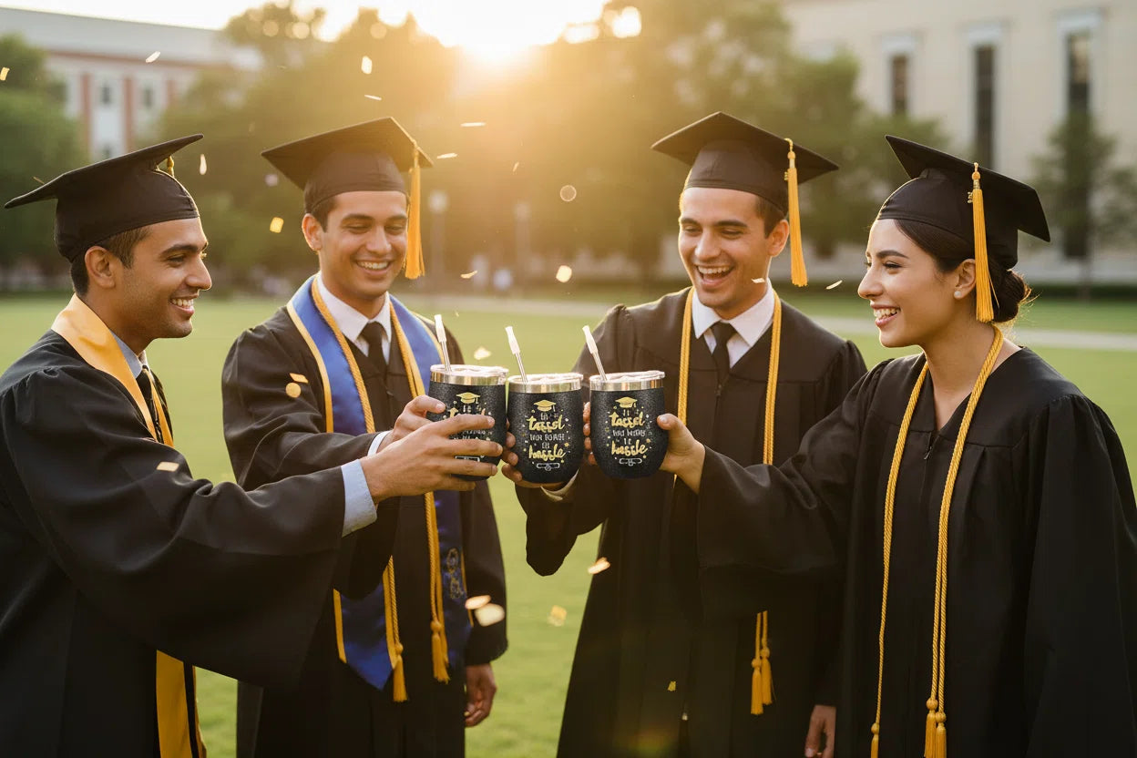 Sliner 4 Pack 2026 Graduation Cups with Lids and Straws, 12 oz Class Stemless Wine Tumblers, Black Gold Reusable Cup Gift Set for Graduation Party Favors, Students, Friends, Family