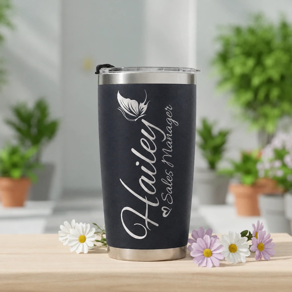 Personalized Tumbler with Name & Title | 20oz Laser Engraved Butterfly Tumbler