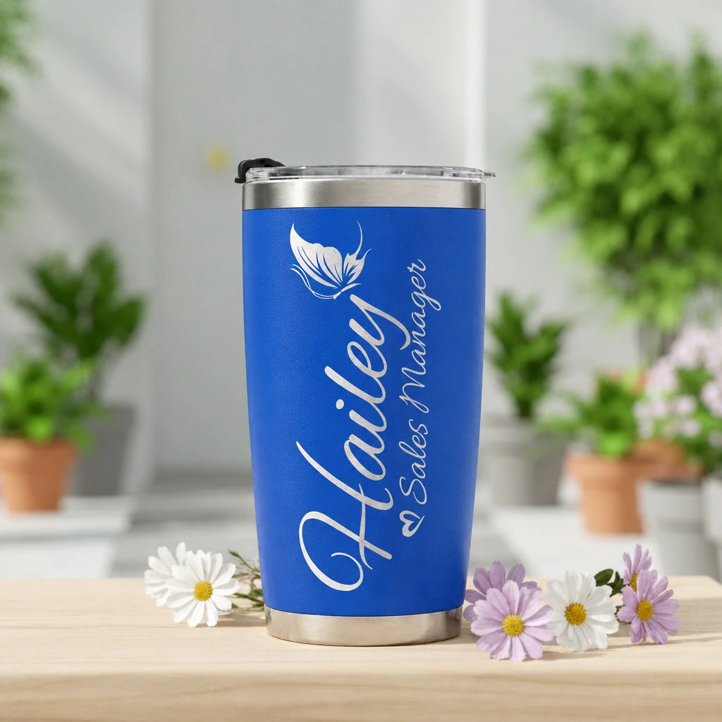 Personalized Tumbler with Name & Title | 20oz Laser Engraved Butterfly Tumbler