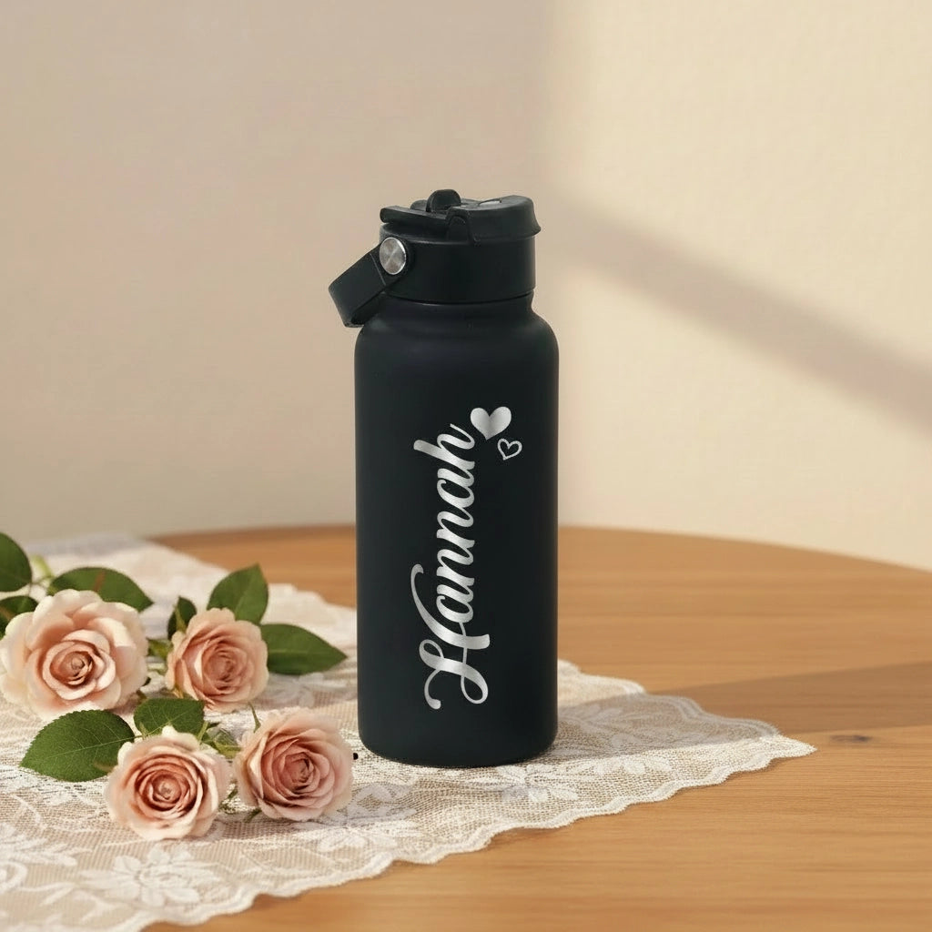 Custom Name Heart Water Bottle | Personalized 1000ml Laser Engraved