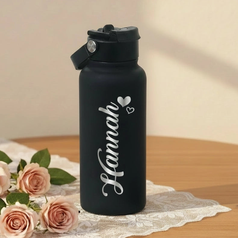Custom Name Heart Water Bottle | Personalized 1000ml Laser Engraved