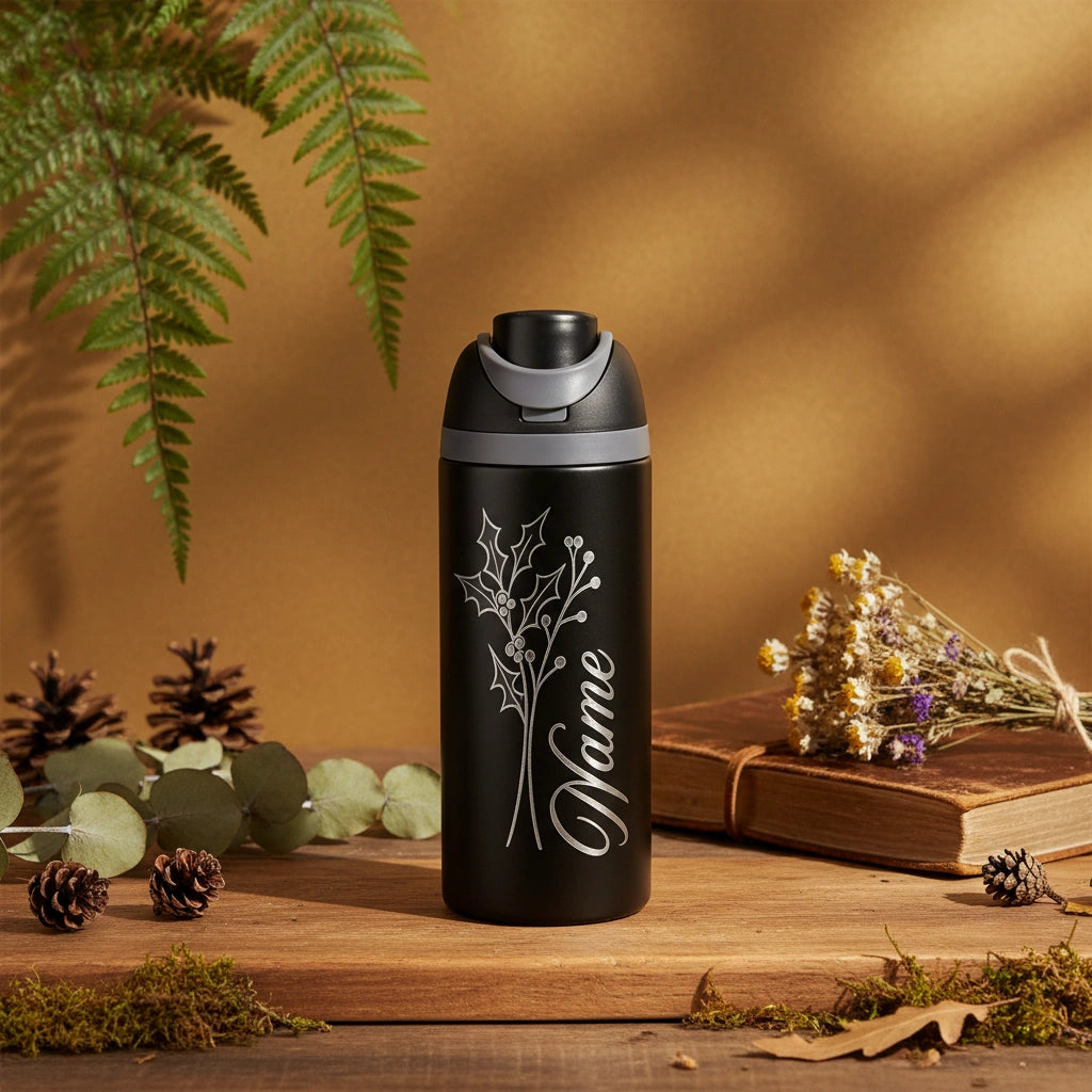 Custom Laser Engraved 24oz Insulated Sports Water Bottle — Personalized Name & Botanical Design