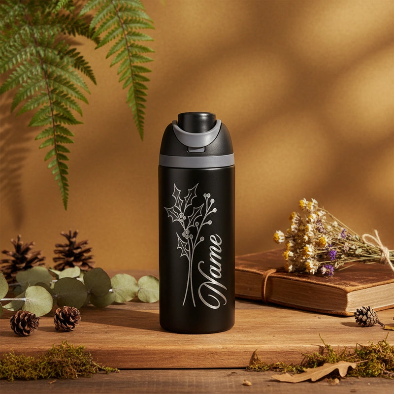 Custom Laser Engraved 24oz Insulated Sports Water Bottle — Personalized Name & Botanical Design