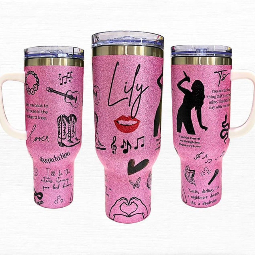 40oz Custom Handle Tumbler — Personalized Pink Glitter
