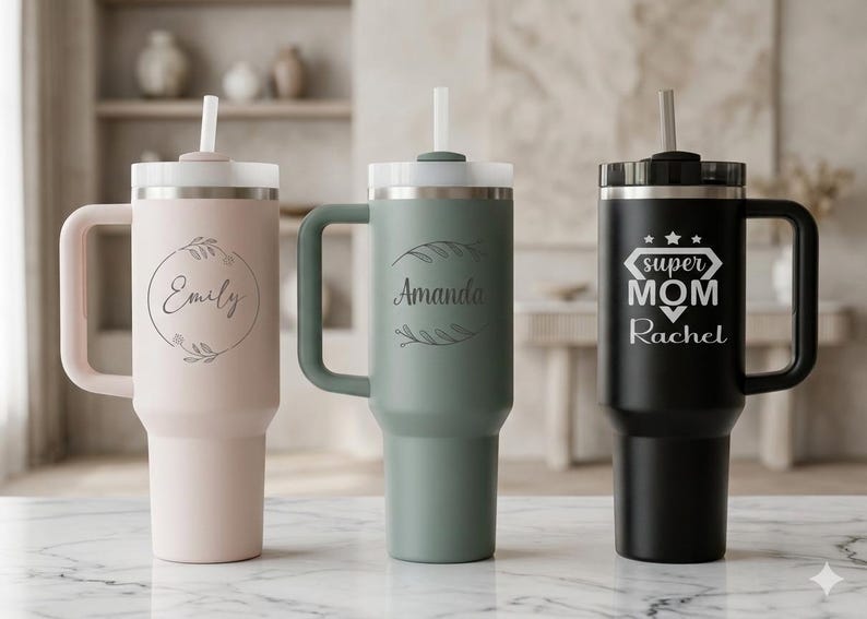 Personalized Mom Tumbler with Handle | 40oz Laser Engraved Gift for Mom & Grandma
