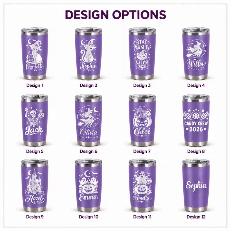 Personalized Halloween 20oz Tumbler, Engraved Witch Cat & Ghost Designs, Custom Name Travel Cup, Spooky Gift for Family and Friends