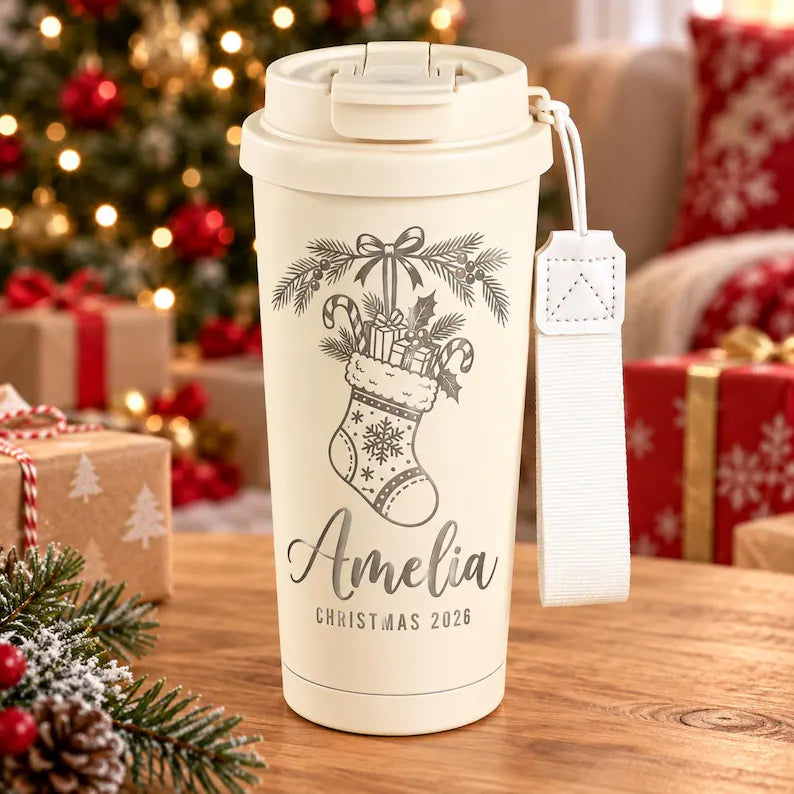 Personalized 500ml Christmas Travel Mug – Engraved Name & Flip-Top Lid