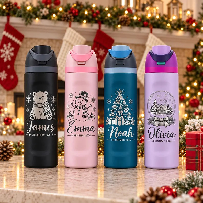 Personalized 32oz Kids Christmas Water Bottle – Custom Name Engraved