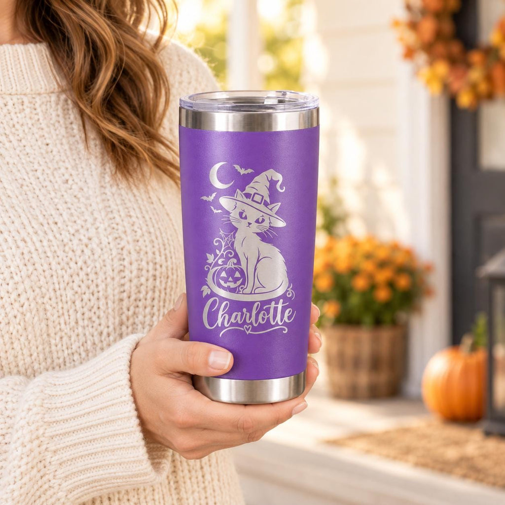 Witch Cat Halloween Tumbler | Personalized 20oz Stainless Steel Travel Mug with Custom Name Engraving, Ghost Pumpkin Gift