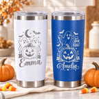 Personalized 20oz Halloween Tumbler | Custom Stainless Steel Travel Mug with Name Engraving, Witch Cat Ghost Pumpkin Gift