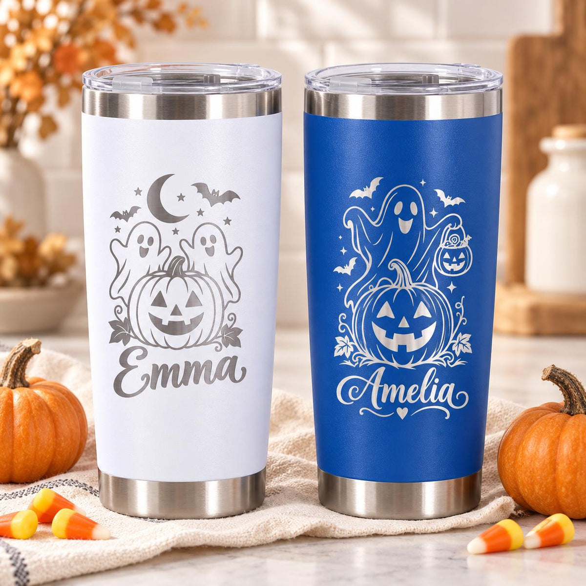 Personalized 20oz Halloween Tumbler | Custom Stainless Steel Travel Mug with Name Engraving, Witch Cat Ghost Pumpkin Gift