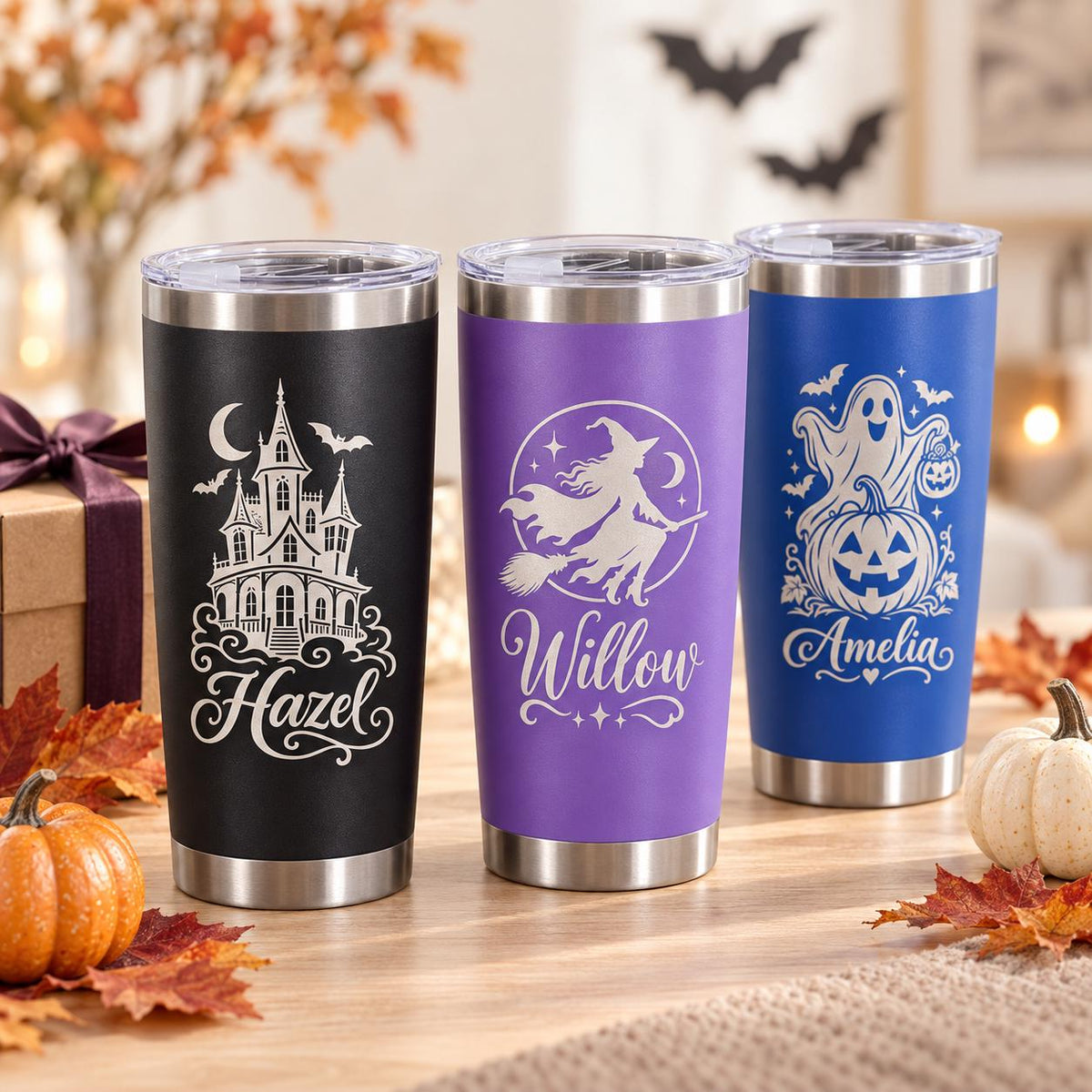 Personalized 20oz Halloween Tumbler | Custom Stainless Steel Travel Mug with Name Engraving, Witch Cat Ghost Pumpkin Gift