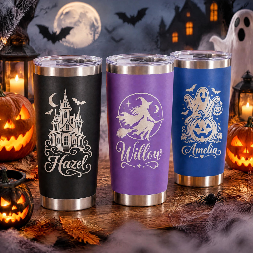Personalized Halloween 20oz Tumbler, Engraved Witch Cat & Ghost Designs, Custom Name Travel Cup, Spooky Gift for Family and Friends