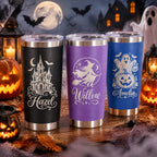 Personalized Halloween 20oz Tumbler, Engraved Witch Cat & Ghost Designs, Custom Name Travel Cup, Spooky Gift for Family and Friends