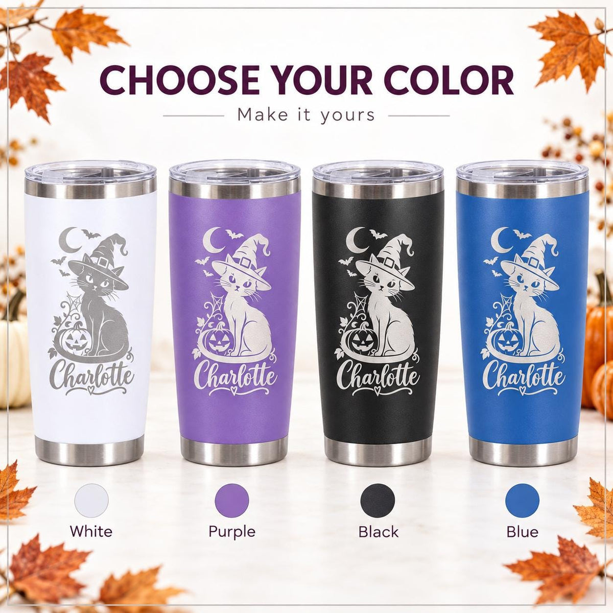 Personalized Halloween 20oz Tumbler, Engraved Witch Cat & Ghost Designs, Custom Name Travel Cup, Spooky Gift for Family and Friends