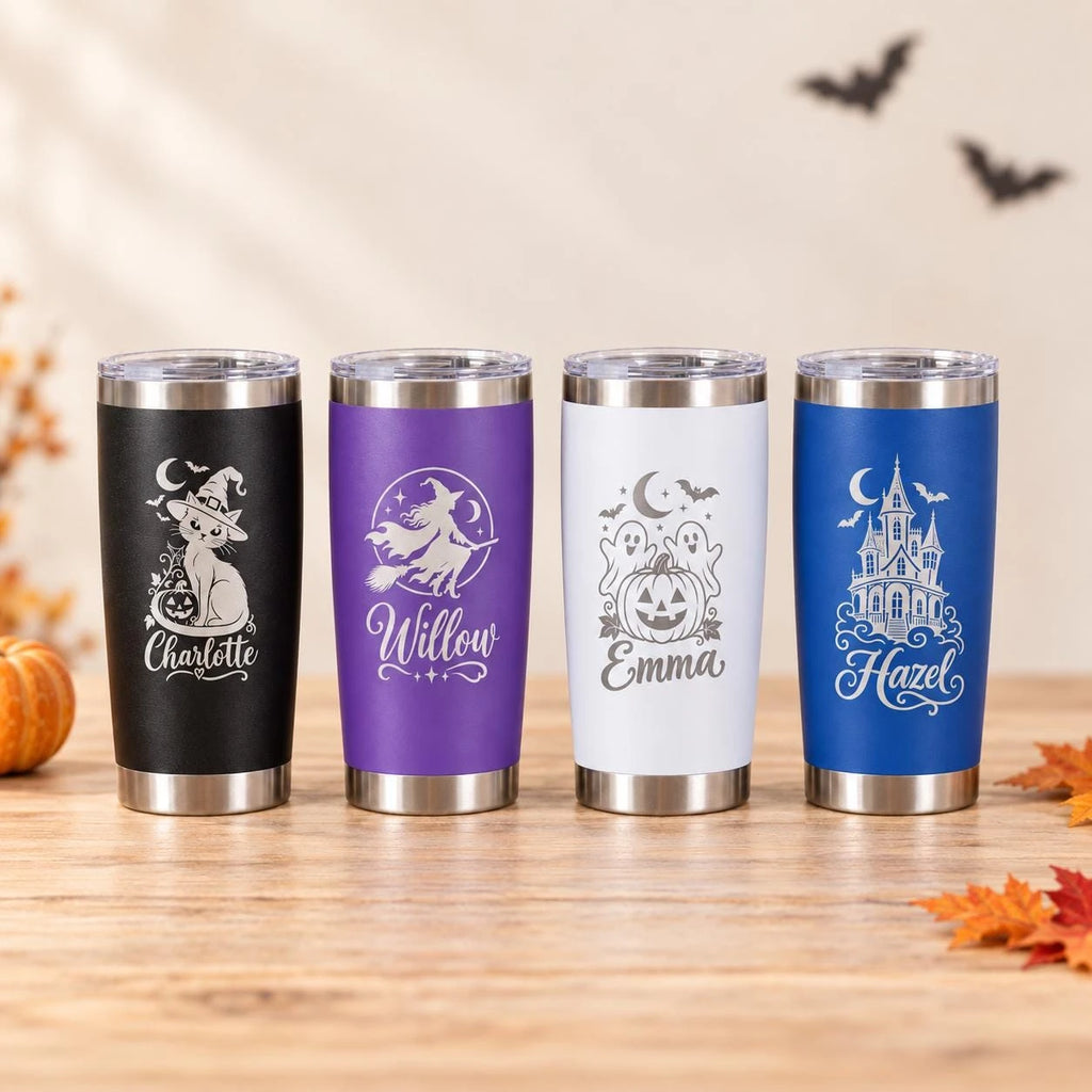 Personalized 20oz Halloween Tumbler | Custom Stainless Steel Travel Mug with Name Engraving, Witch Cat Ghost Pumpkin Gift