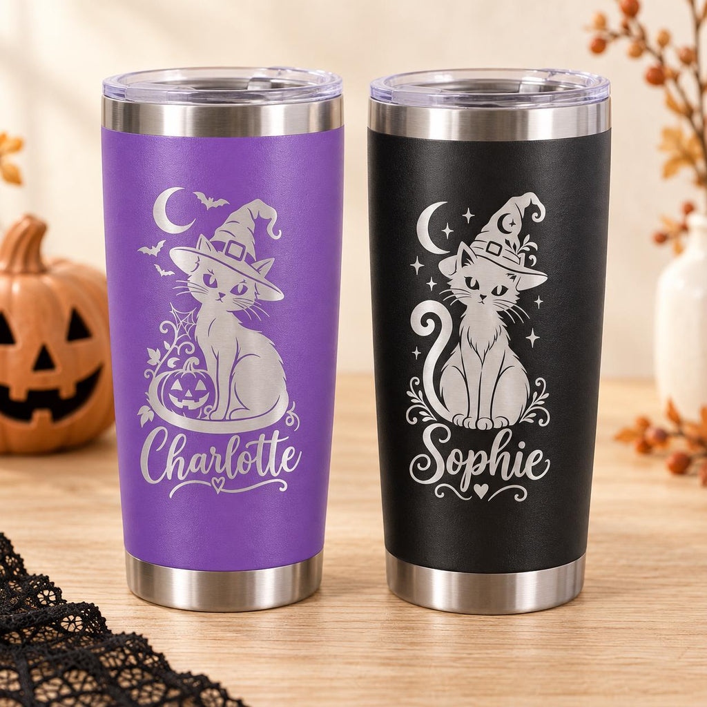 Personalized 20oz Halloween Tumbler | Custom Stainless Steel Travel Mug with Name Engraving, Witch Cat Ghost Pumpkin Gift