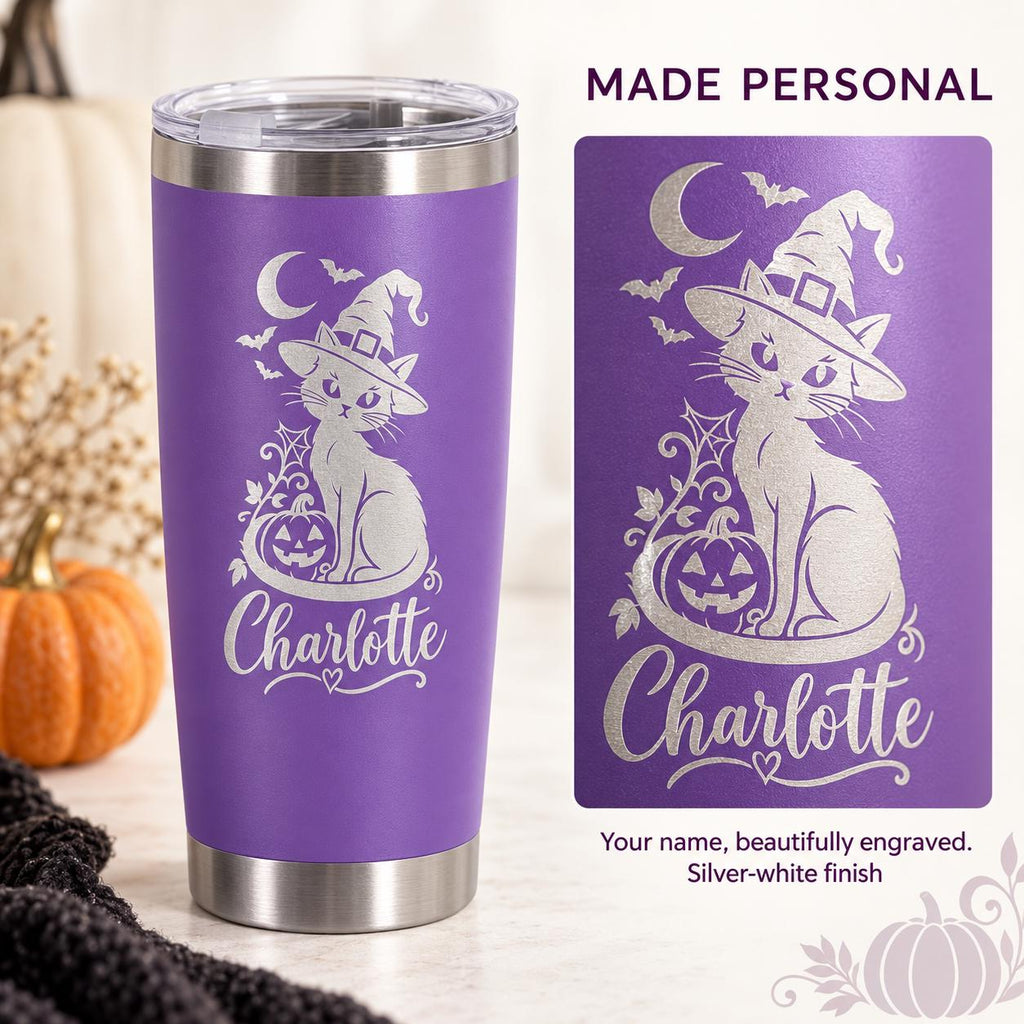Personalized Halloween 20oz Tumbler, Engraved Witch Cat & Ghost Designs, Custom Name Travel Cup, Spooky Gift for Family and Friends