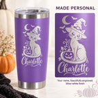 Personalized Halloween 20oz Tumbler, Engraved Witch Cat & Ghost Designs, Custom Name Travel Cup, Spooky Gift for Family and Friends