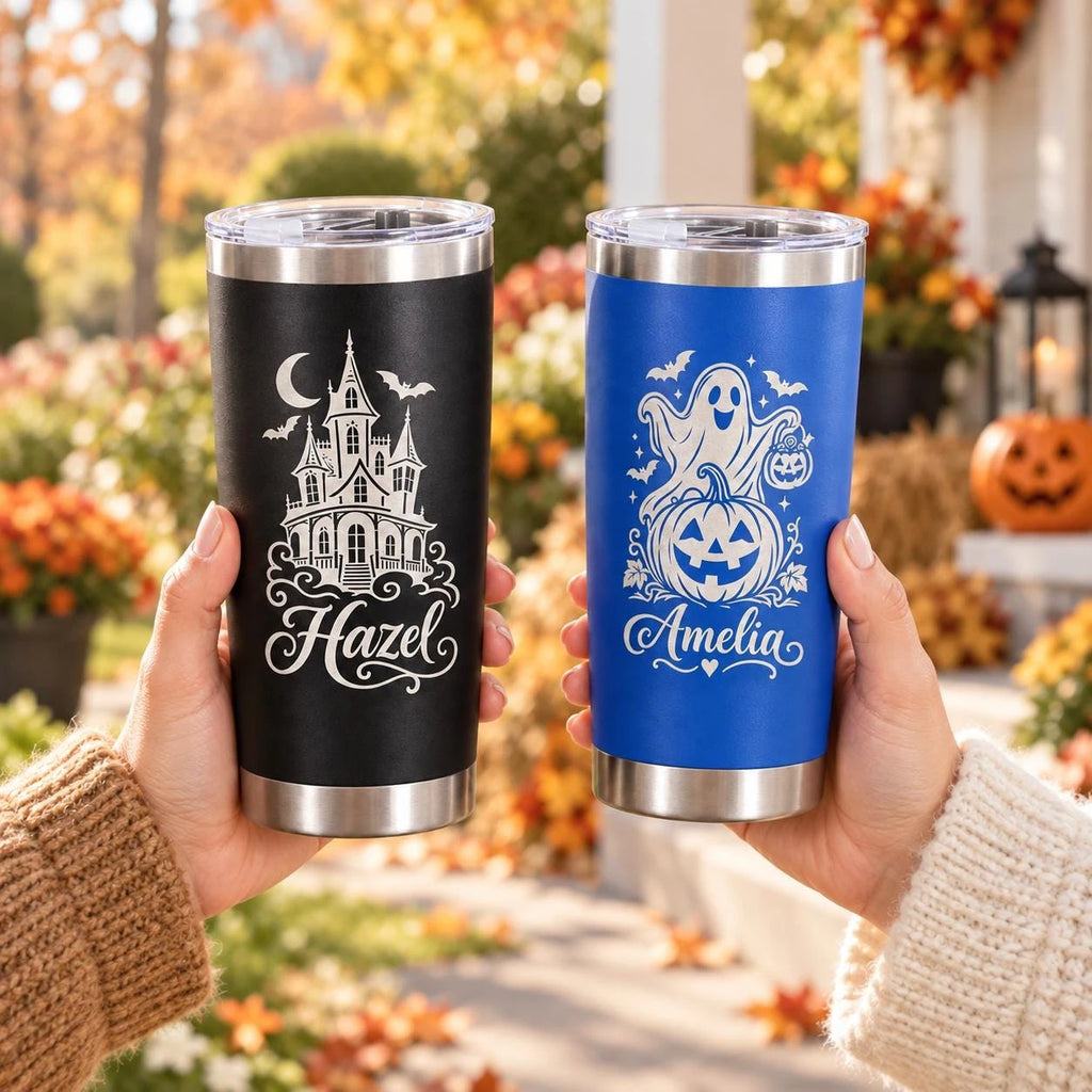 Witch Cat Halloween Tumbler | Personalized 20oz Stainless Steel Travel Mug with Custom Name Engraving, Ghost Pumpkin Gift