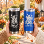 Witch Cat Halloween Tumbler | Personalized 20oz Stainless Steel Travel Mug with Custom Name Engraving, Ghost Pumpkin Gift
